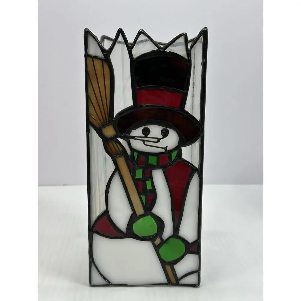 Vintage Iridescent Stained Glass Candle Holder Snowman Shade 8.25” Holiday Decor